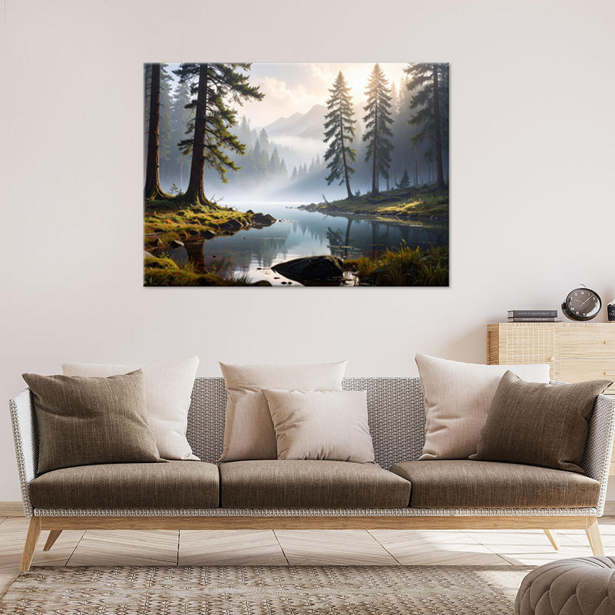 LEINWANDBILD, Wald im Nebel Fluss Landschaft Natur - Grün, Textil (60/40cm) - Feeby