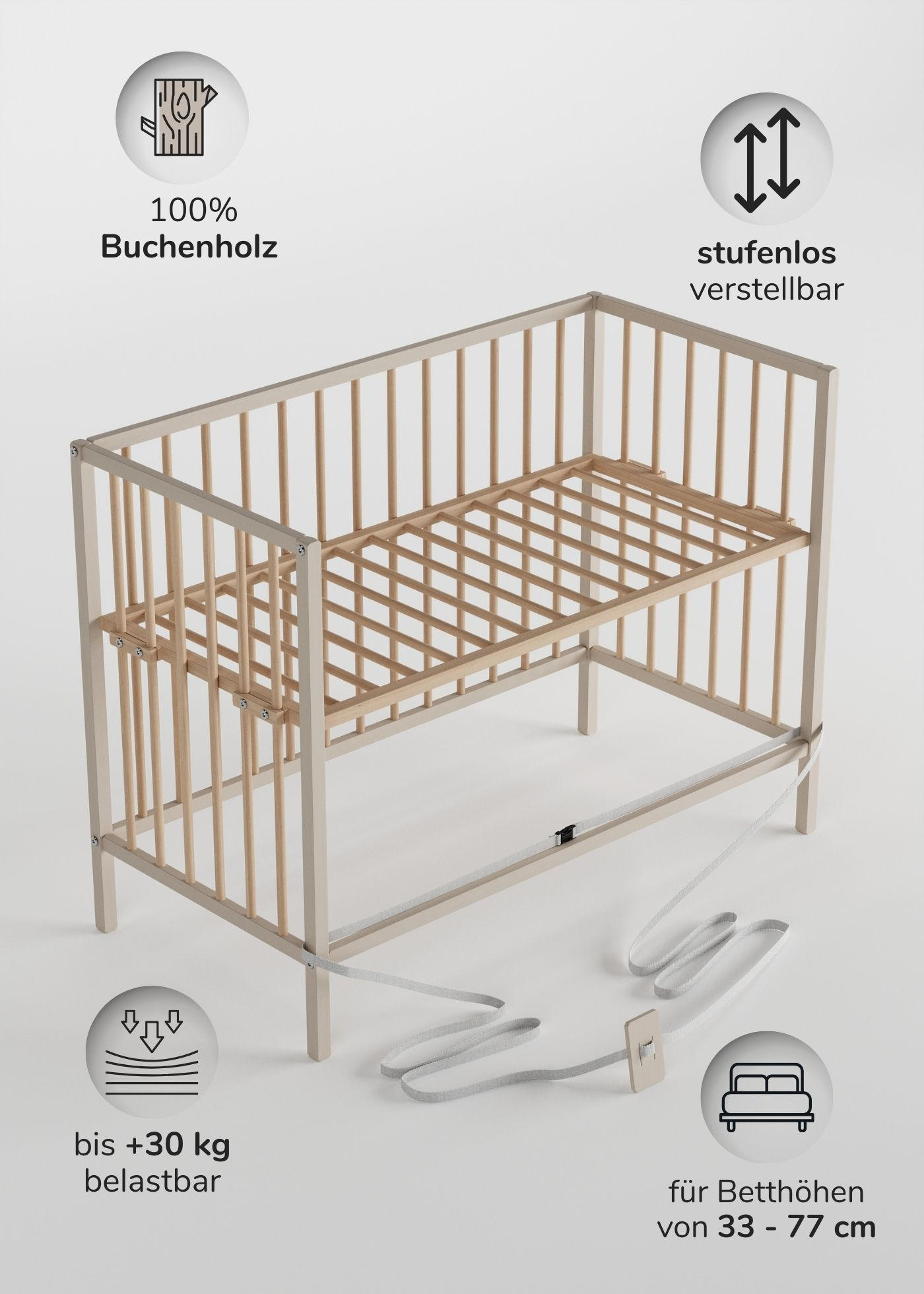 BEISTELLBETT mit Umbauseite - sahara dust/natur - Dreamy 4 in 1 Bett - Sandfarben/Naturfarben, Holz (120/90/60cm) - Sämann – make a difference.