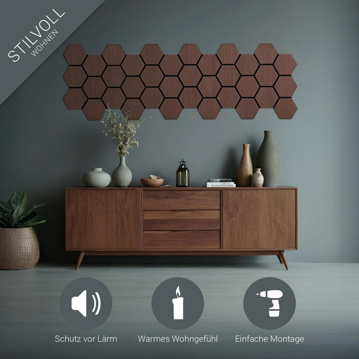 AKUSTIKPANEEL Hexagon Braun 8 Stück - Braun, Holz (62/76/2cm) - Homestyle4u