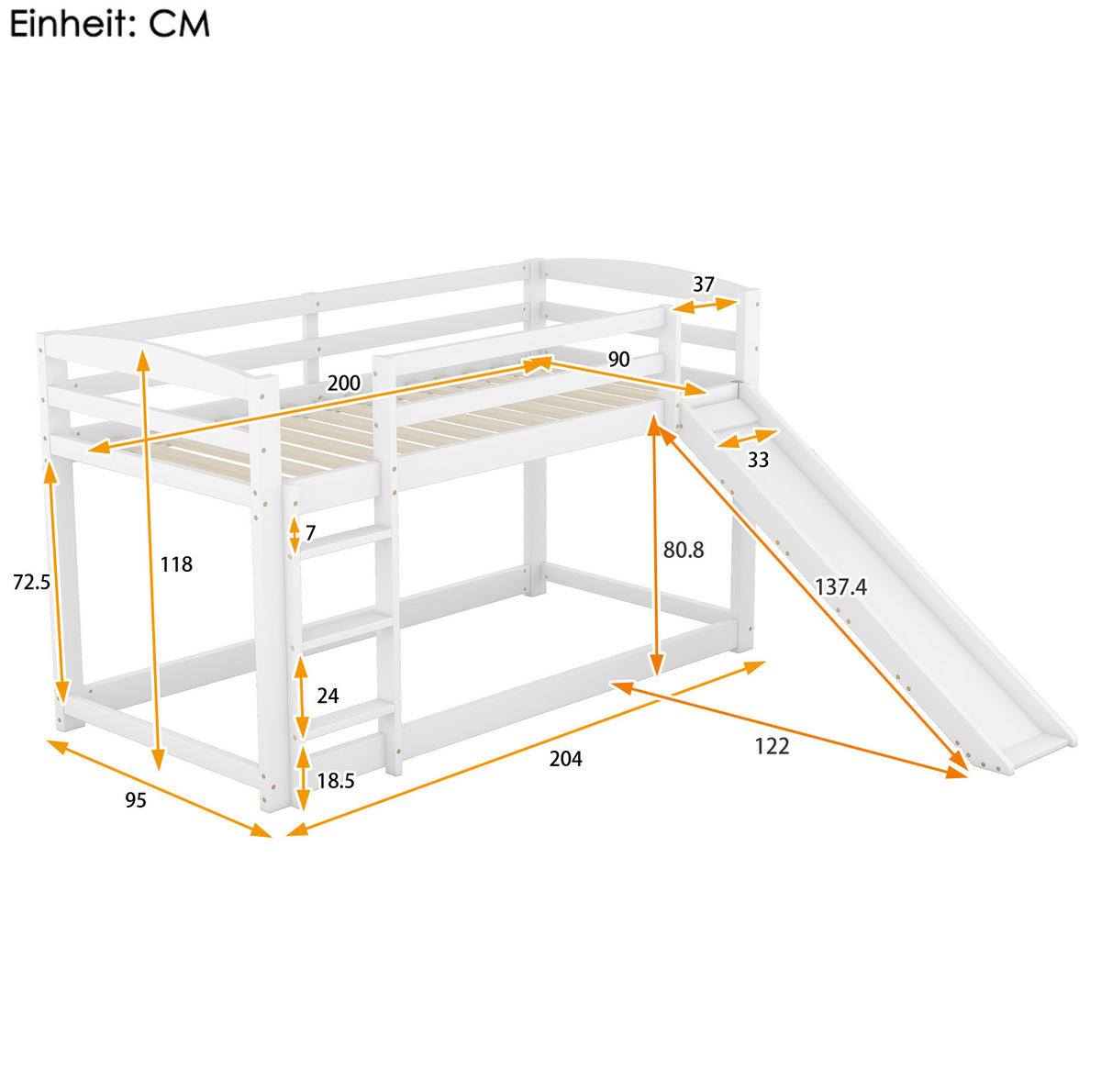 KATNI krevet od borovine 90x200 cm bijela s toboganom i izmjenjivim ljestvama, štedi prostor - bijela, drvni materijal (90/200cm) - Modfu