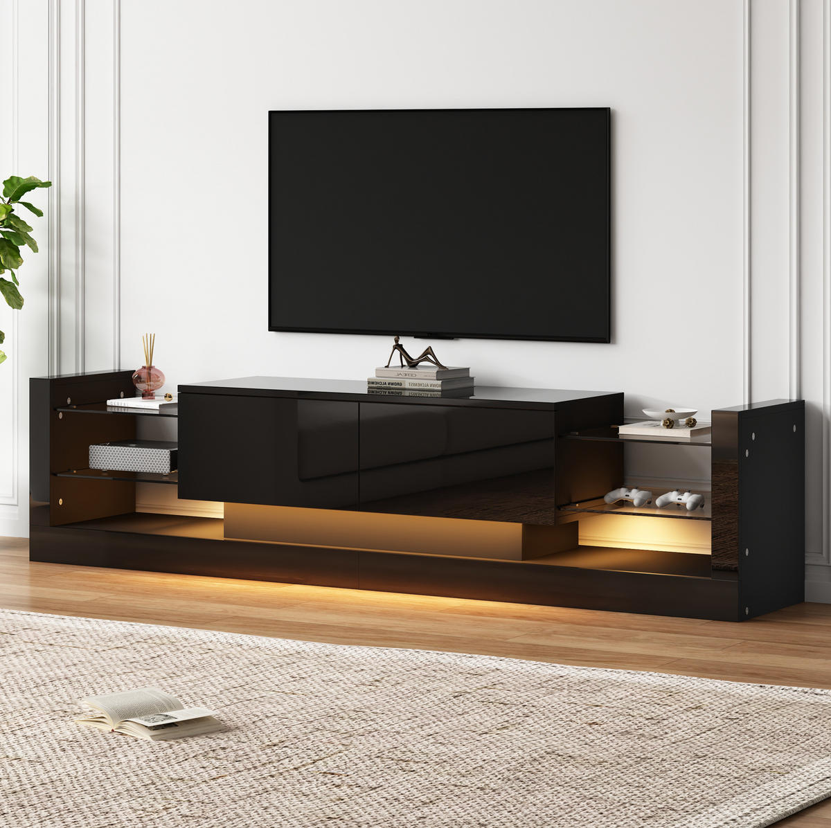 TV-SCHRANK 181/38/38 cm schwarz Spanplatte mit LED-Beleuchtung und zwei klappbaren Schubladen - Schwarz, Holzwerkstoff (181/38/38cm) - OKWISH