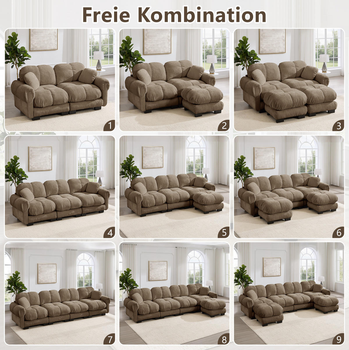 ECKSOFA 260/149/90 cm in Braun aus Chenille mit Steppnähten und Hocker - Braun, Textil (149/260cm) - Flora Grace