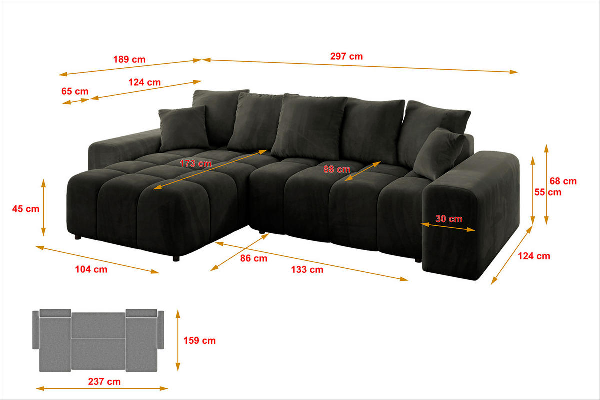 ECKSOFA Ottomane links/rechts ENIL-L 297x189x68 Schwarz Velours - Schwarz, Holzwerkstoff/Kunststoff (297/189cm) - ALTDECOR