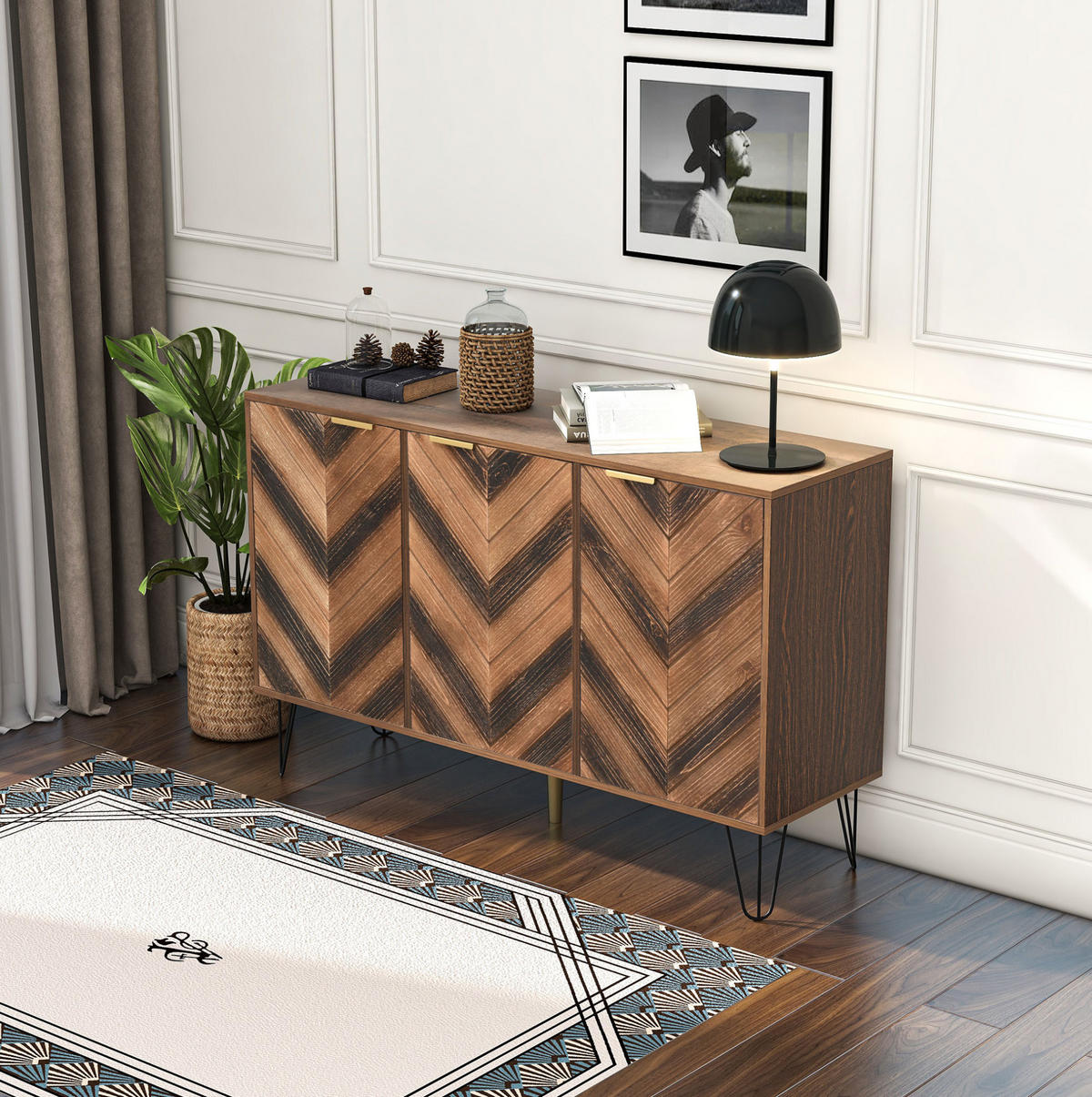 SIDEBOARD 120/38/76,5 cm mit 3 Türen in Naturfarbe und goldfarbenen Griffen - Naturfarben, Holzwerkstoff (120/76.5/38cm) - BEAOK