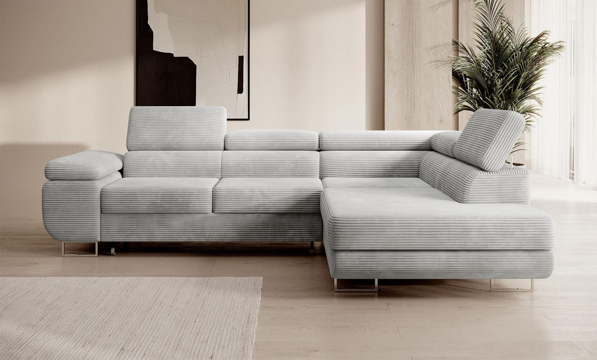 ECKSOFA Stevil Hellgrau Cordbezug - Silberfarben/Hellgrau, Textil/Metall (275/203cm) - Selsey