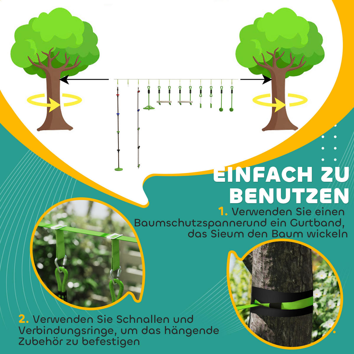 NINJA Warrior Hindernisparcours für Kinder 10 m Ninja Slackline Kit Grün - Grün, Kunststoff (5/1000cm) - AIYAPLAY