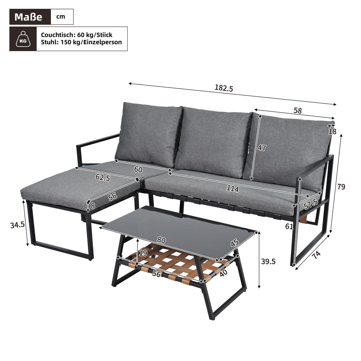 LOUNGESET Grau Eck Mit Sofa Couchtisch Hocker - Grau, Textil - FLIEKS