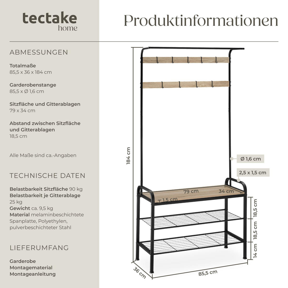 GARDEROBENSTÄNDER Alberta, inklusive Kippschutz, 85,5 x 36 x 184 cm, Industrial Holz hell, Eiche Sonoma - Naturfarben, Textil (36/184/85.5cm) - tectake