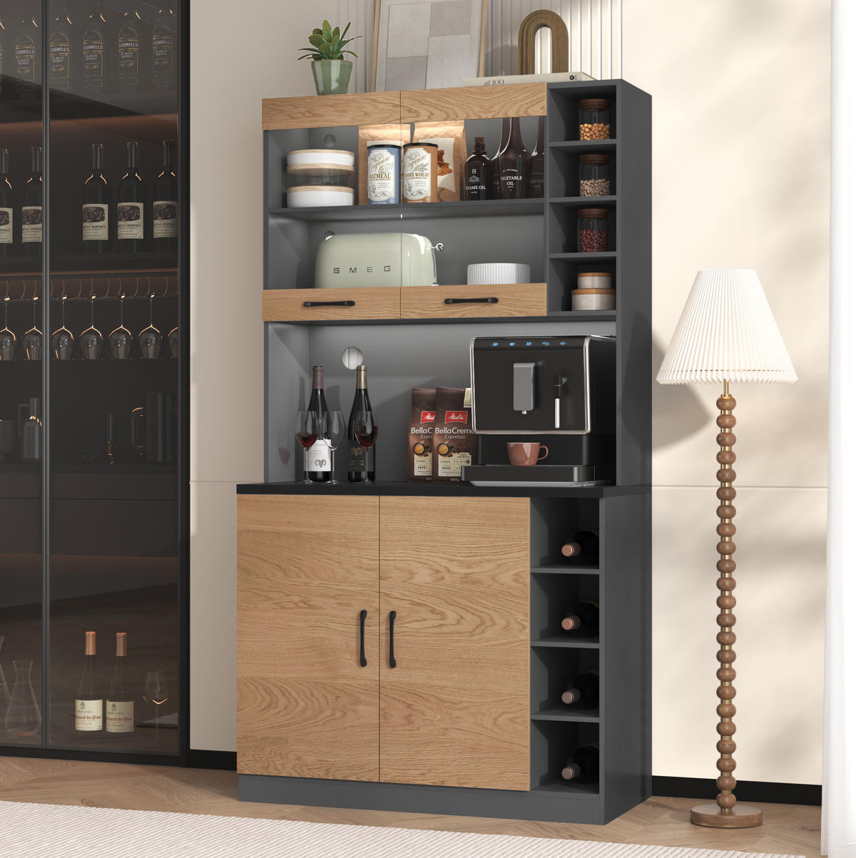 BUFFET Aufbewahrungsschrank 100x47x187cm Natur mit Glas & LED Beleuchtung - Naturfarben, Holzwerkstoff (100/187/47cm) - Modfu
