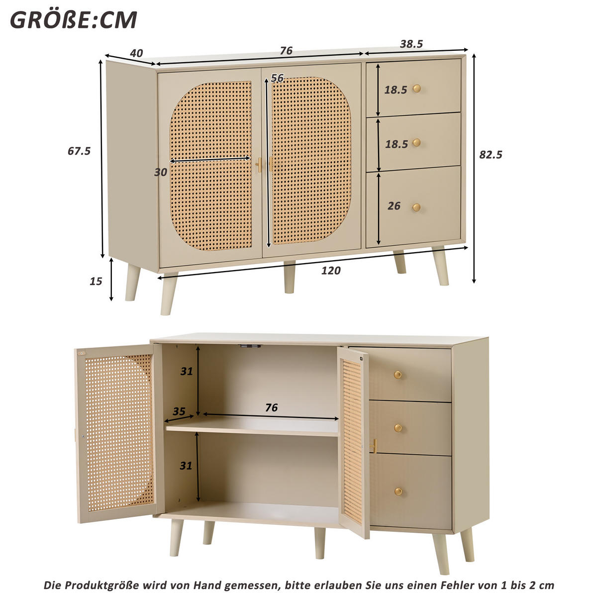 SIDEBOARD 120/40/82,5 cm in Offwhite mit 2 Türen, 3 Schubladen und Rattanoptik - Weiß, Holzwerkstoff (120/82.5/40cm) - Flora Grace