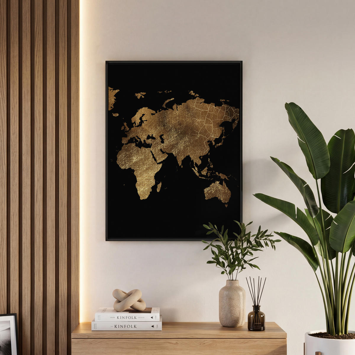 LEINWAND Bilder mit Rahmen - Weltkarte - Gold - Luxus - Erde - Schwarz - 50x70 - Goldfarben, Textil (50/70cm) - MuchoWow