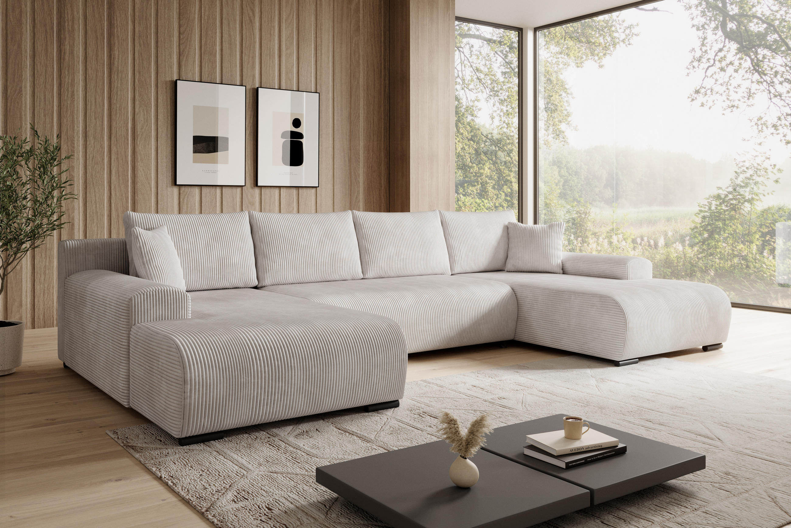 WOHNLANDSCHAFT, Couch Nelly U U WOHNLANDSCHAFT U-Form, mit Schlaffunktion und Bettkasten, U-Form Couch - Creme, Textil (349/80/185cm)