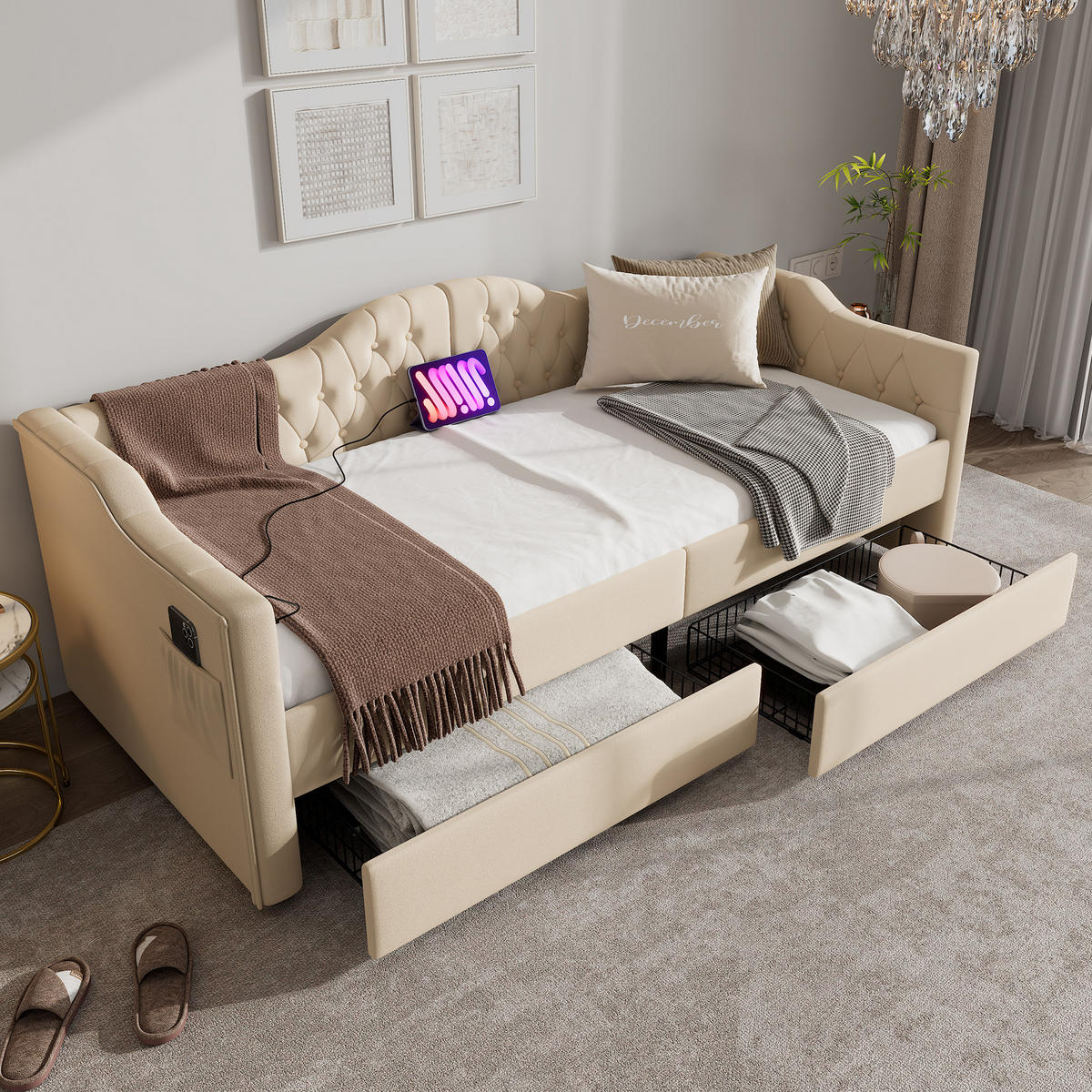 POLSTERBETT 90/200 cm Beige mit USB- und Type-C-Anschlüssen und 2 Schubladen - Beige, Textil (90/200cm) - OKWISH