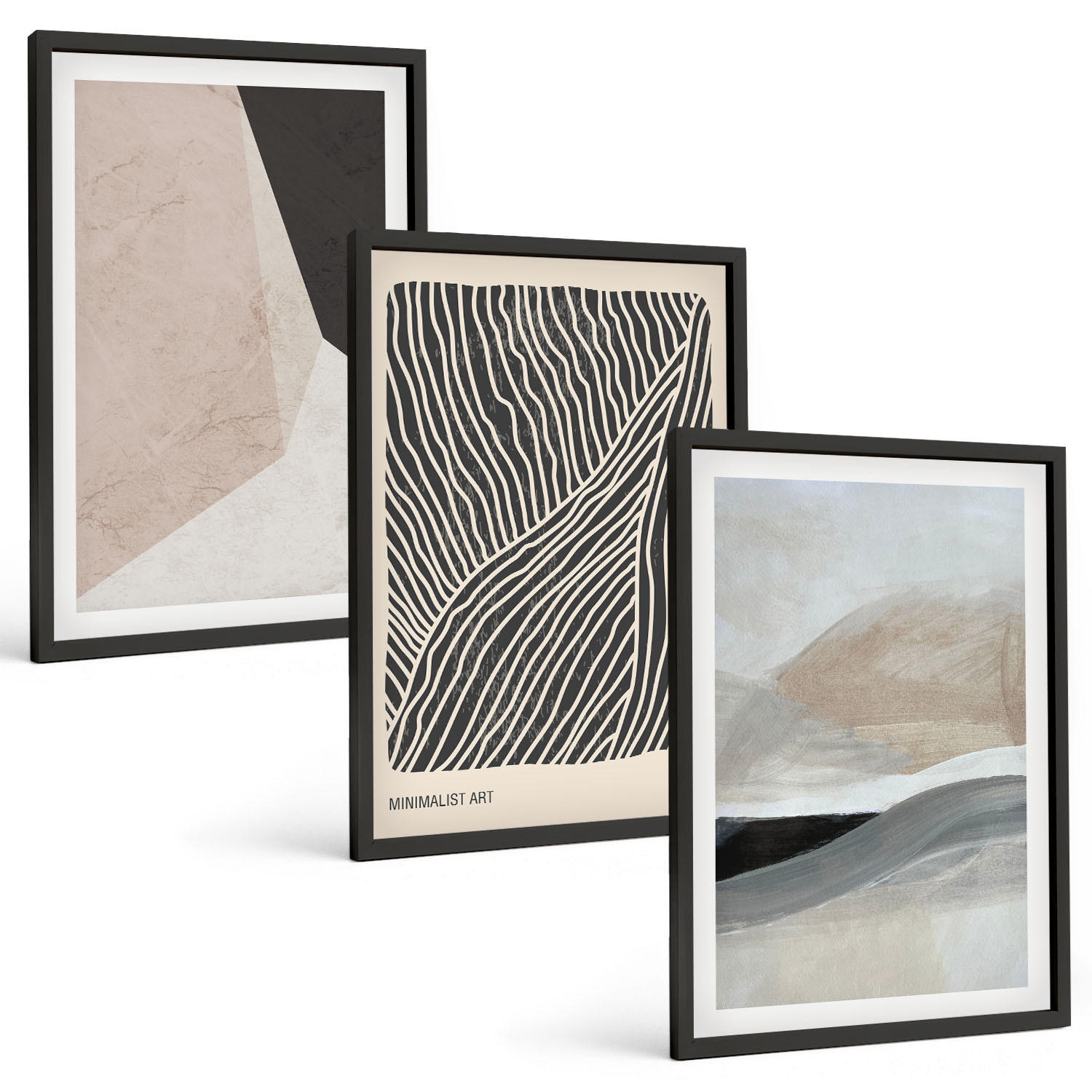 BILDER SET 3er Set - 40x60 cm Schwarzer Rahmen - Abstrakte Muster in Beige und Grau - Schwarz, Kunststoff (40/60cm) - TULUP