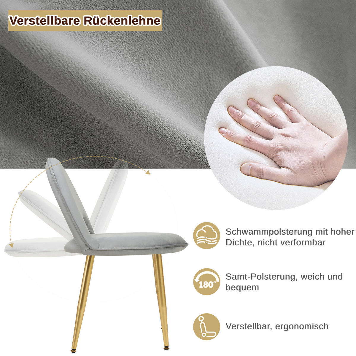 SCHMINKTISCH mit einstellbarer Spiegelleuchte Samthocker Goldbeine - Goldfarben/Grau, Holzwerkstoff/Metall (100/122/40cm) - Woltu