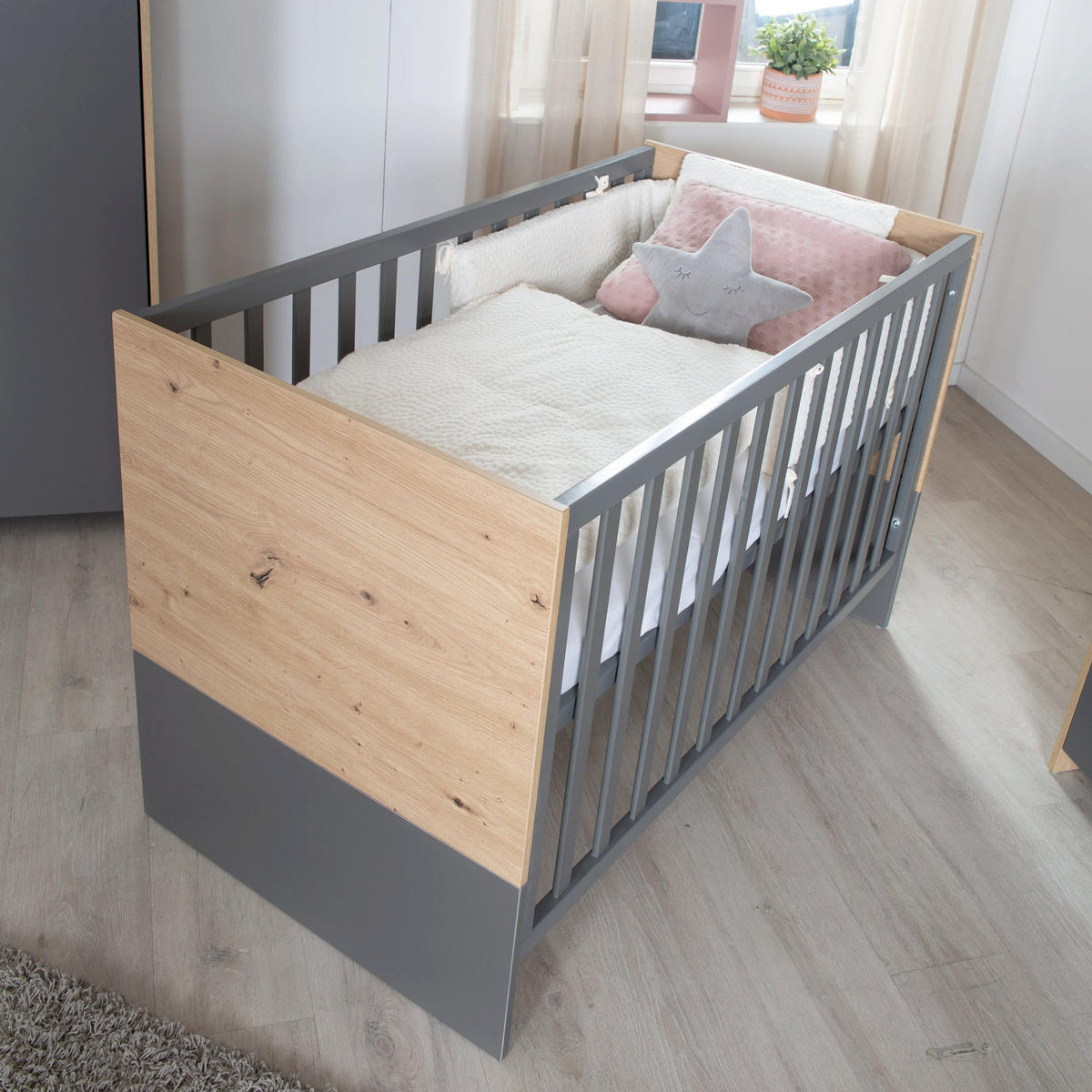 2-IN-1 BABY- & BEISTELLBETT Anna 60 x 120 cm - Anthrazit/Sonoma Eiche, Holz/Holzwerkstoff (60/120cm) - Roba