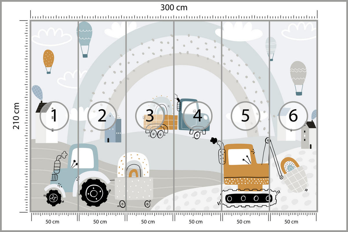 FOTOTAPETE für Kinderzimmer Baumaschinen Regenbogen Hügel Wolken 300x210 - Blau/Beige, Papier (300/210cm) - Muralo