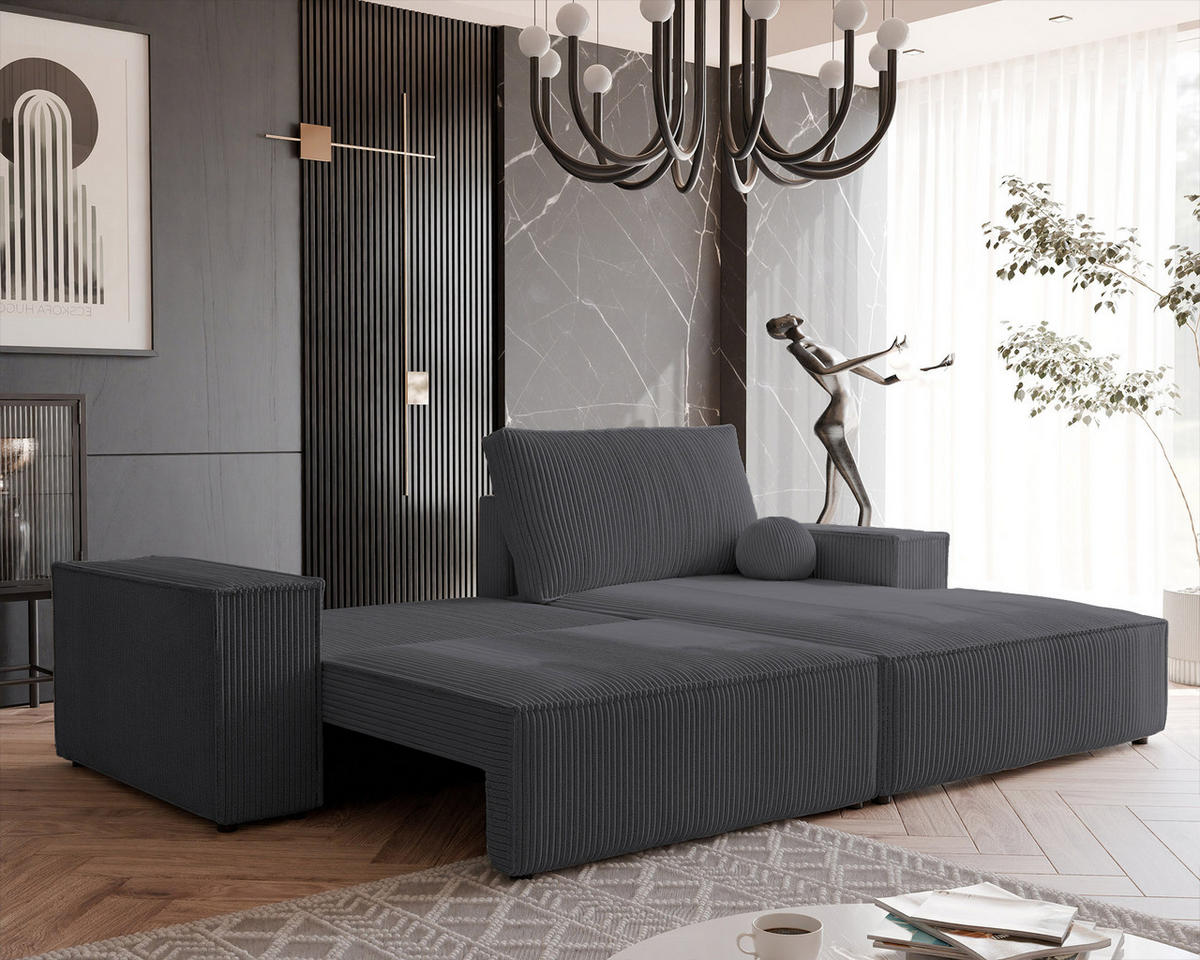 ECKSOFA HUGO Rechts, mit Schlaffunktion und Bettkasten, Dunkelgrau - Dunkelgrau, Textil (255/148cm) - Idohome