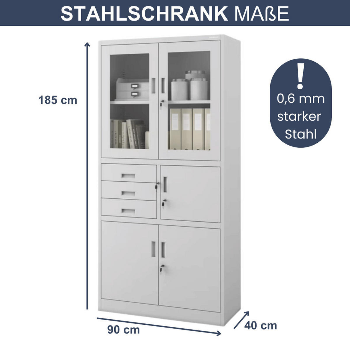 VITRINENSCHRANK abschließbar GEDO mit Tresor 185x90x40cm Grau - Grau, Metall (90/185/40cm) - DELUKE