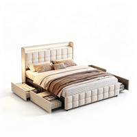POLSTERBETT 160x200 mit Stauraum, Bettgestell 160x200 mit 4 Schubladen, Kopfteil mit USB und LED, Lattenrost, Bezug aus Leinen, Beige - Beige, Holz/Holzwerkstoff (160/200cm) - GENKI LIVING