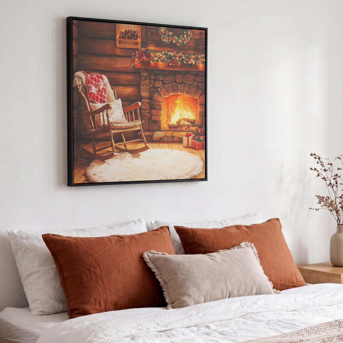 LEINWAND Bilder mit Rahmen - Winter - Weihnachten - Zuhause - Kamin - 50x50 - Bernsteinfarben, Textil (50/50cm) - MuchoWow