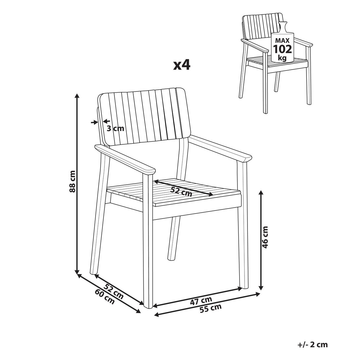 GARTENSTUHL 4er-Set Holz Heller Holzfarbton Agello - Hellbraun, Holz (55/88/60cm) - Beliani