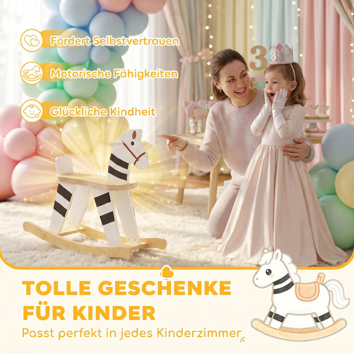 KINDERSCHAUKELPFERD MDF Mehrschichtplatte Schwarz Weiß - Schwarz, Holzwerkstoff (26/53/68cm) - AIYAPLAY