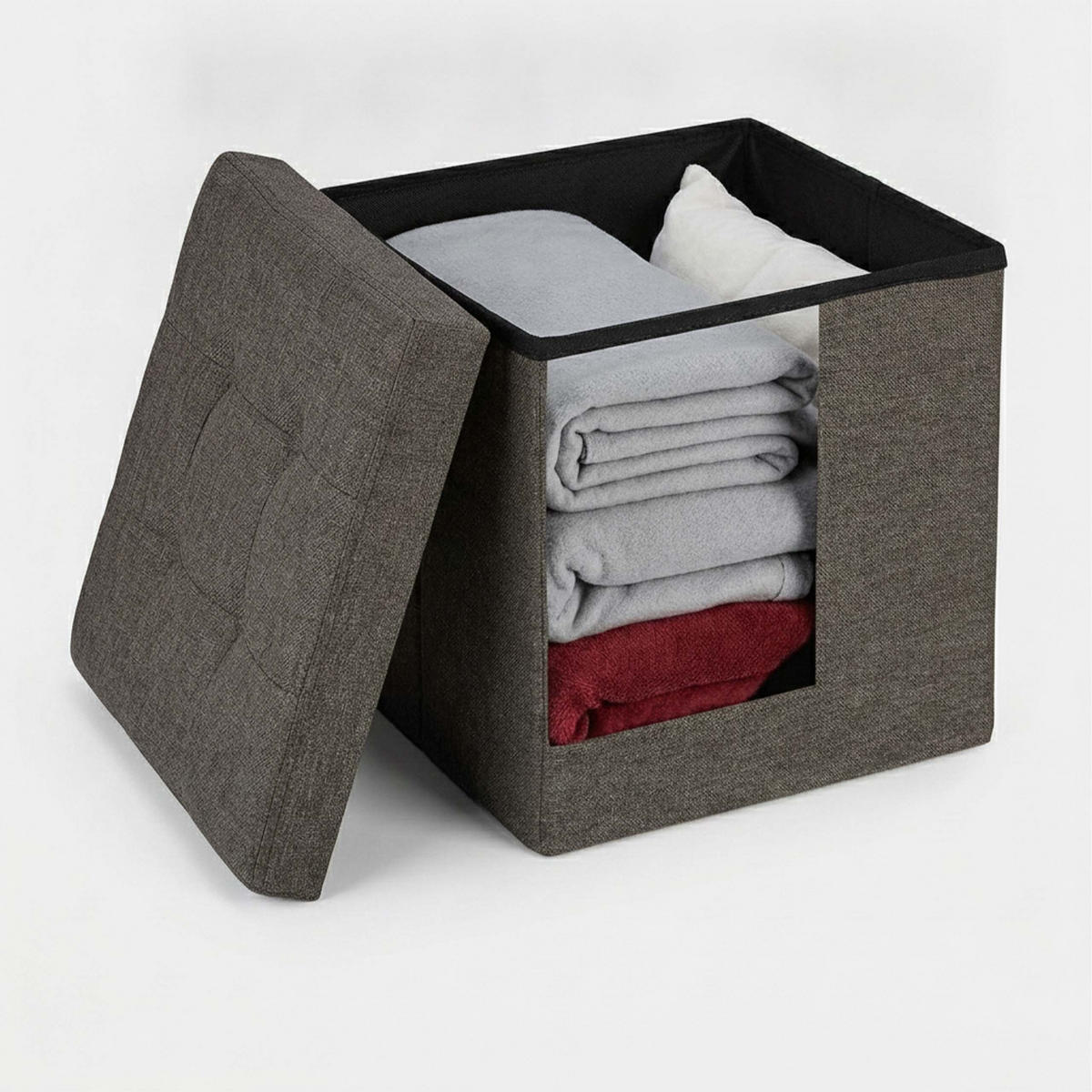 TABURET Tmavosivý s úložným priestorom skladací látka 41x38x38 cm - sivá, kompozitné drevo/textil (38/41/38cm) - Relaxdays