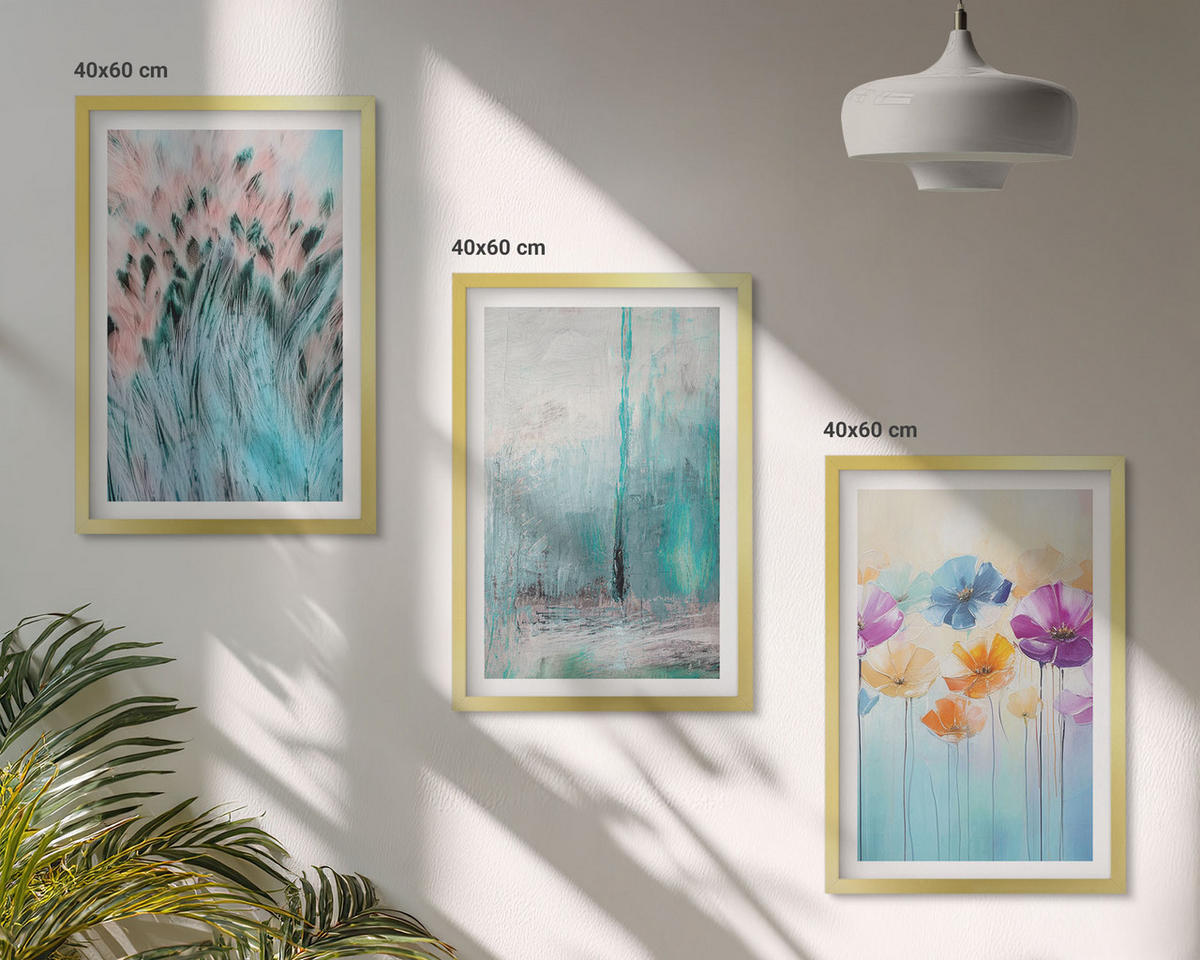 WANDBILDER 3er Set - 40x60 cm Goldrahmen - Hintergrundmuster mit Pastellblumen - Goldfarben, Kunststoff (40/60cm) - ArtPrintCave