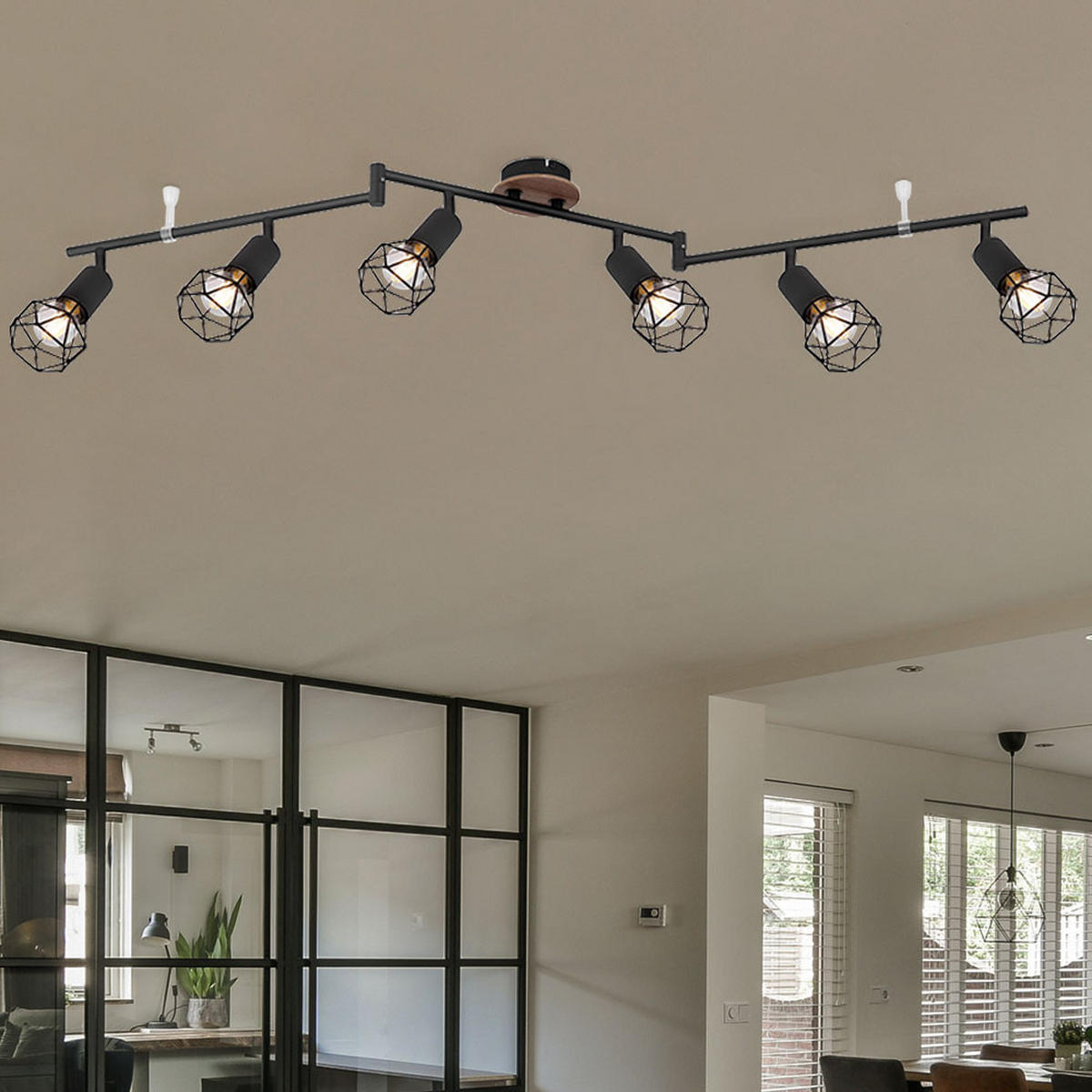 DECKENLEUCHTE Retro Schwarz Drahtgeflecht 6 flammig - Schwarz, Holz (116/10/24.5cm) - Globo Lighting