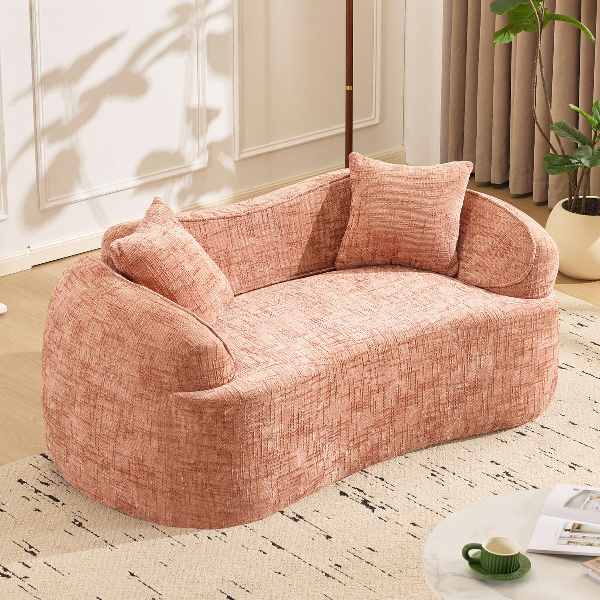 SOFA 2-Sitzer gebogen in Rosa mit ergonomischer Schaumstoffpolsterung und 2 Kissen 170/87/70 cm - Rosa, Kunststoff (170/70/87cm) - OKWISH