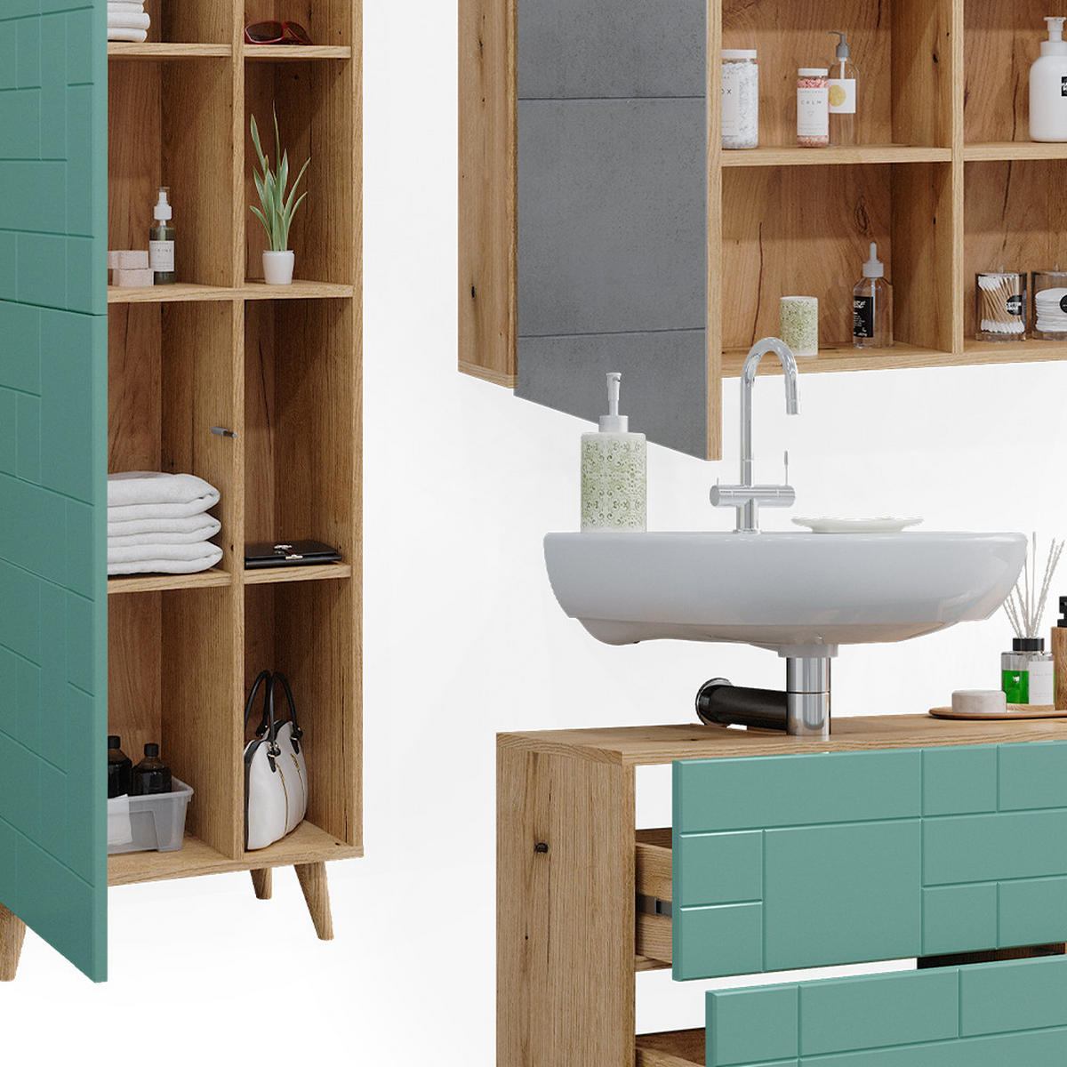 BADMÖBEL-SET Rudi Mintgrün 3 Teile, mit Hochschrank - Eichefarben/Mintgrün, Holzwerkstoff (90/59/32cm) - Vicco