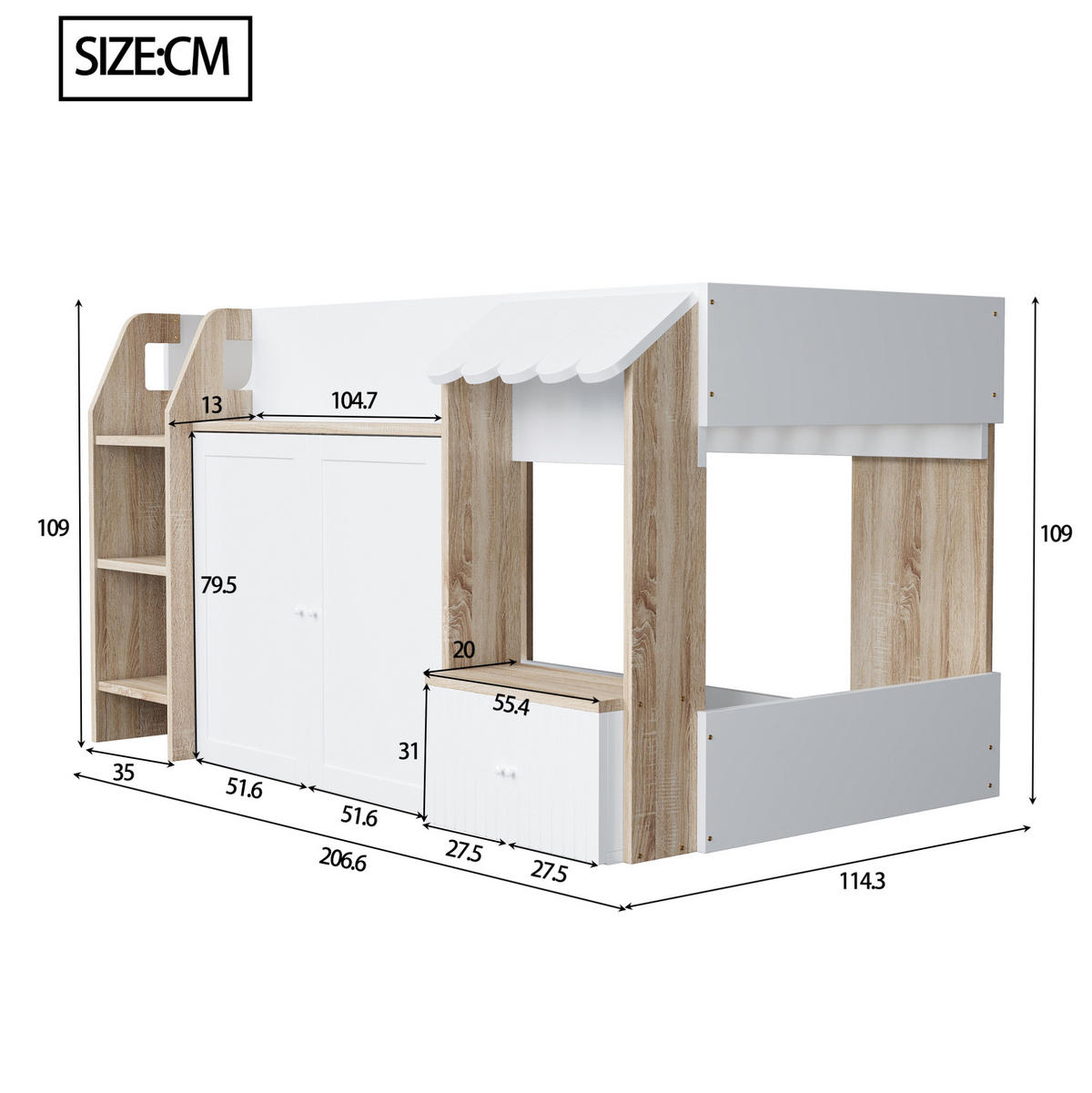 HOCHBETT 90/200 cm Weiß Massivholz mit offenem Stauraum und Kletterleiter - Weiß, Holzwerkstoff (90/200cm) - OKWISH