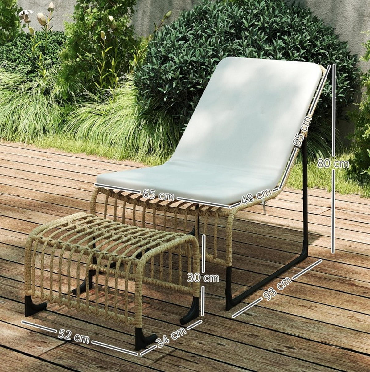 GARTEN-RELAXSESSEL aus Rattan & Metall 65x93x80 cm in Beige mit Fußhocker - Beige, Metall (65/80/96cm) - Modfu