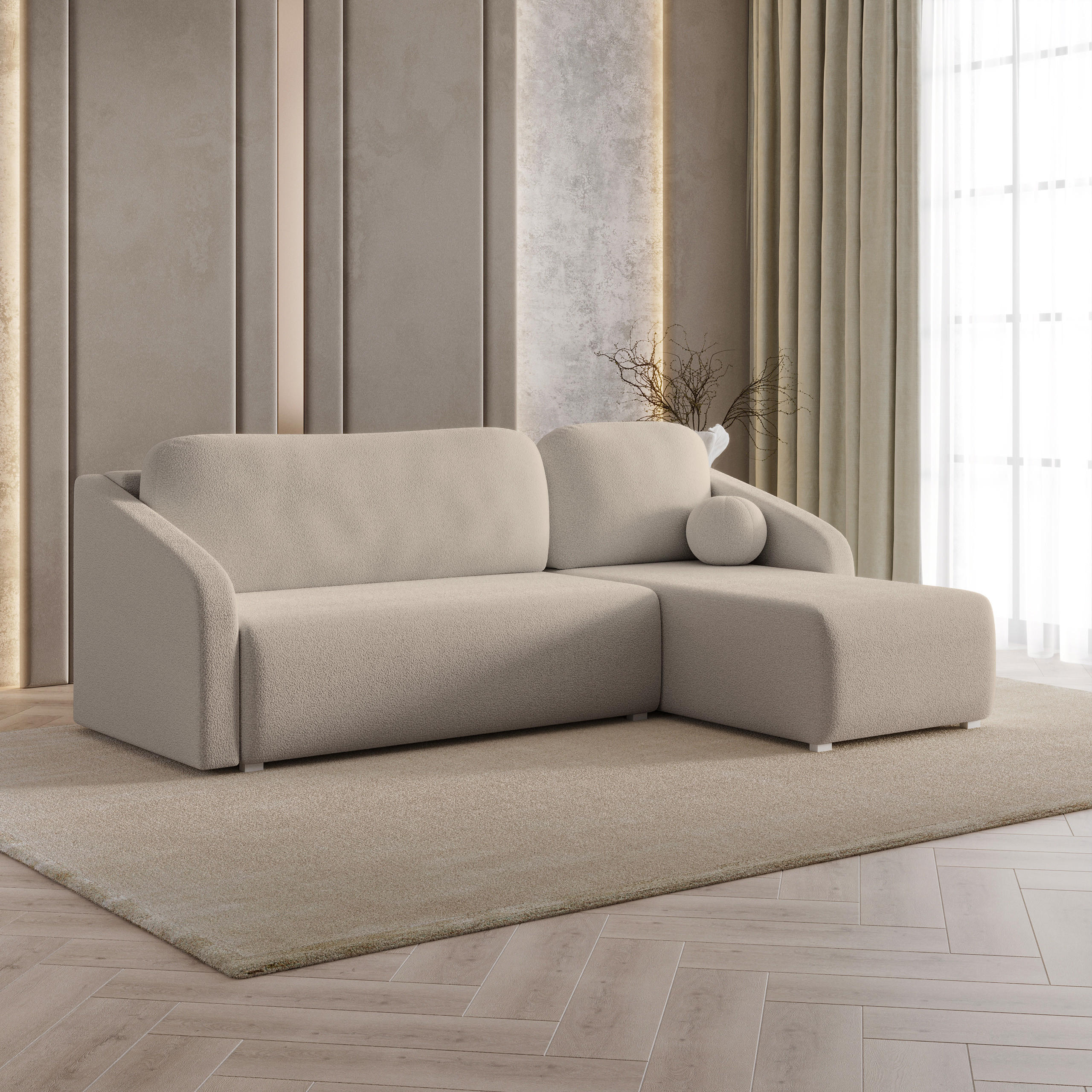 ECKSOFA MARELLO Beige Boucle-Stoff mit Schlaffunktion - Beige, Holz (220/143cm) - MASSENO