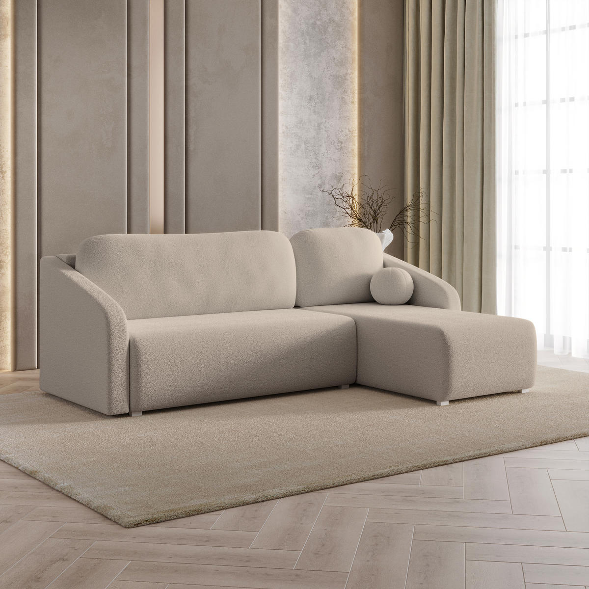 ECKSOFA MARELLO Beige Boucle-Stoff mit Schlaffunktion - Beige, Holz (220/143cm) - MASSENO