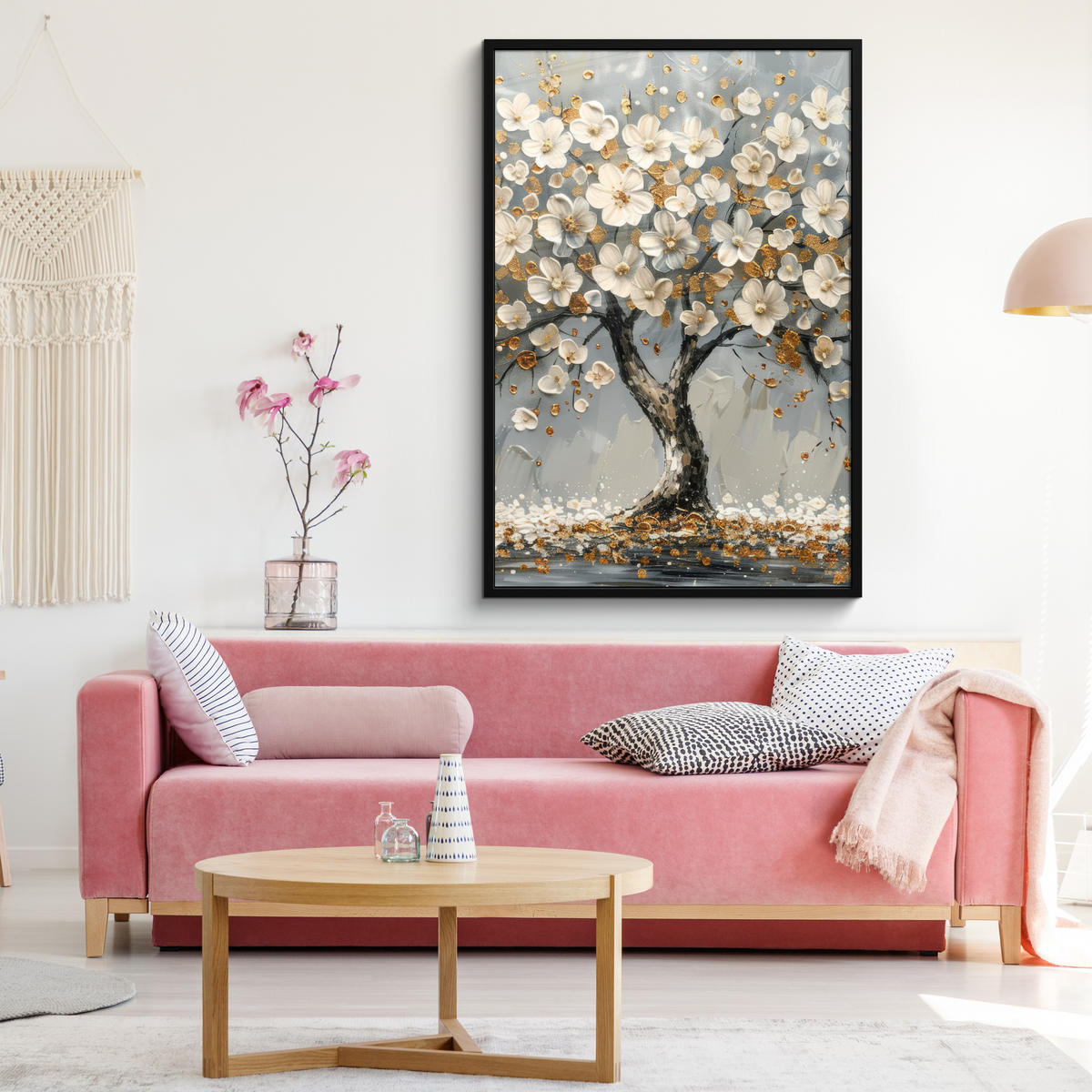 GERAHMTES BILD Baum - Blumen - Weiß - Natur - Kunst 80x120 cm - Weiß, Papier (80/120cm) - MuchoWow