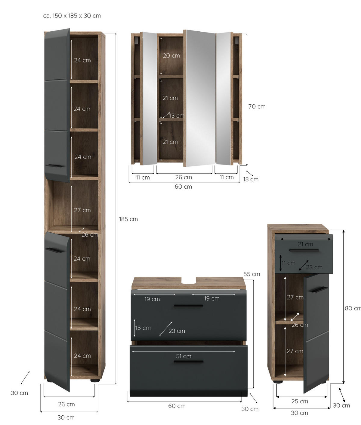 BADMÖBEL-SET 4-teilig Schwarz matt, Eiche Nox 150 x 185 cm, mit viel Stauraum und Vollauszug - Eichefarben/Schwarz, Glas/Holzwerkstoff (150/185/30cm) - Inn.Furn