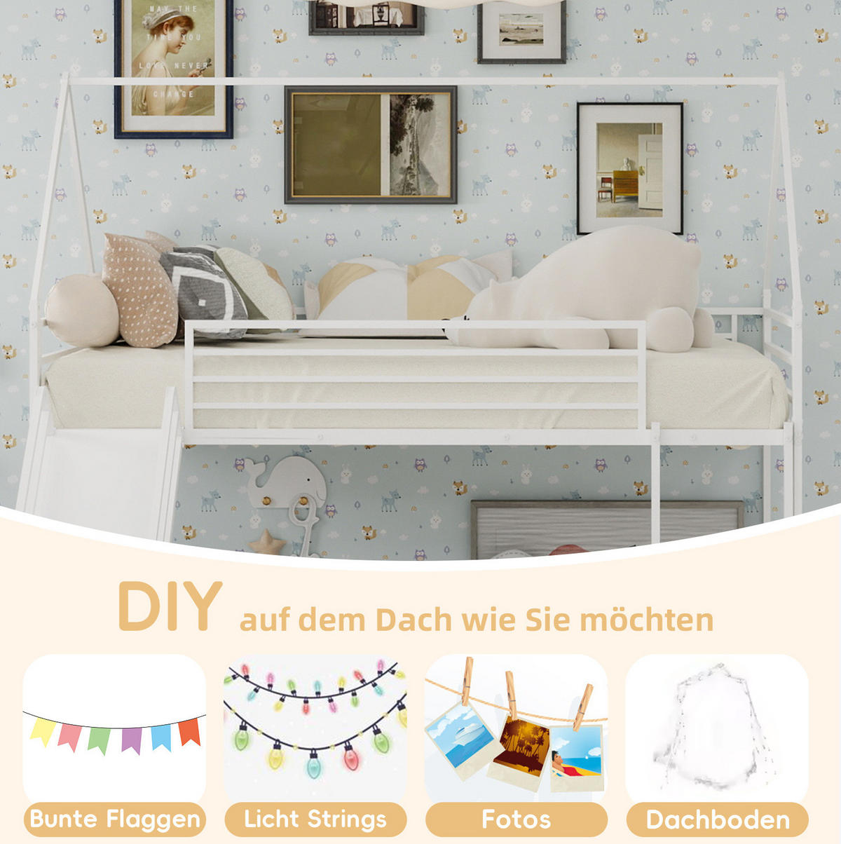 ETAGENBETT 90/200 cm weiß aus Eisen mit Rutsche und Leiter - Weiß, Metall (90/200cm) - OKWISH