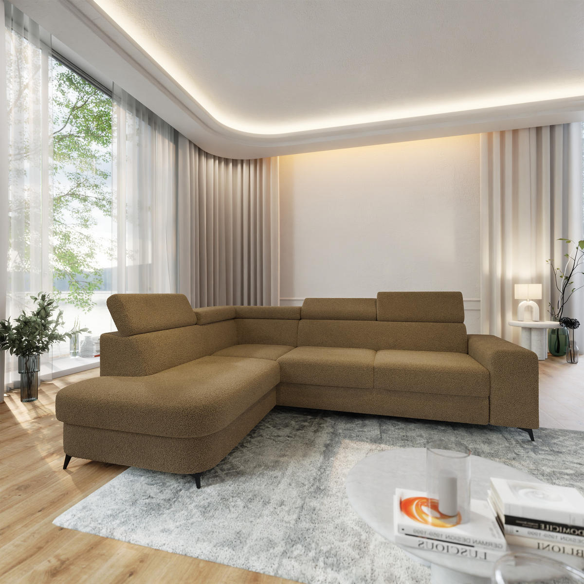 ECKSOFA ALVORO L-S Orange Boucle-Stoff mit Schlaffunktion - Orange, Holz (253/190cm) - MASSENO