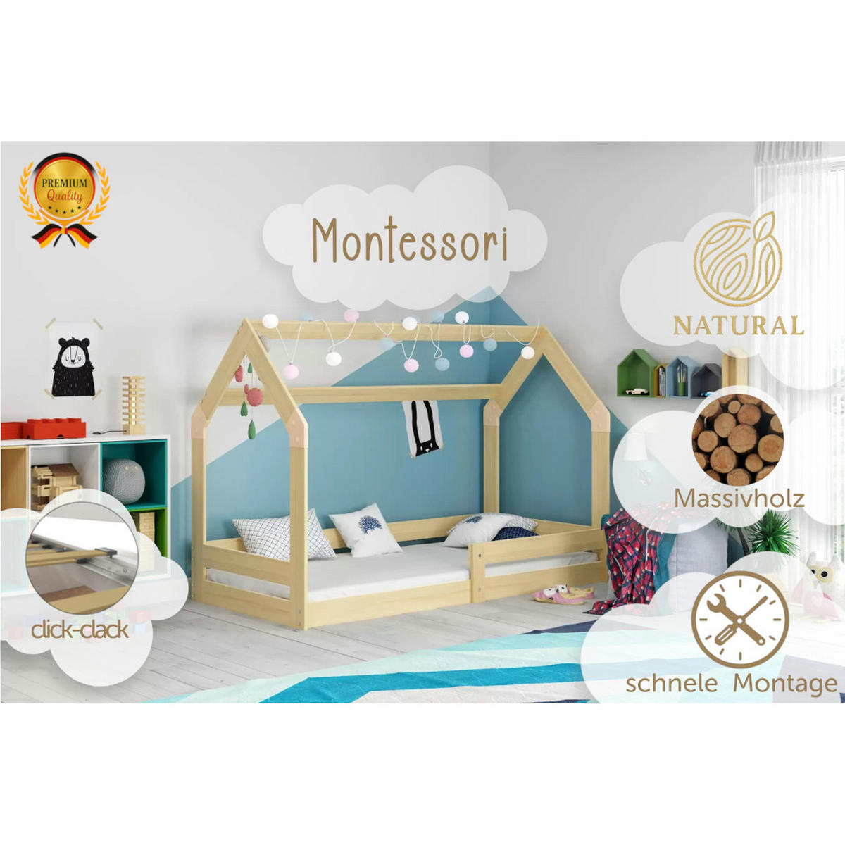 HAUSBETT DOMI 1 160x80cm mit Lattenrost und Rausfallschutz - Naturfarben, Holz (80/160cm) - Interbeds