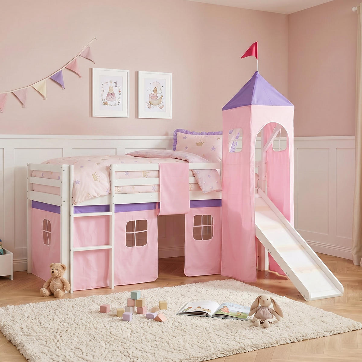 HOCHBETT mit Rutsche Turm 90/200 cm Rosa - Weiß/Rosa, Holz - Homestyle4u