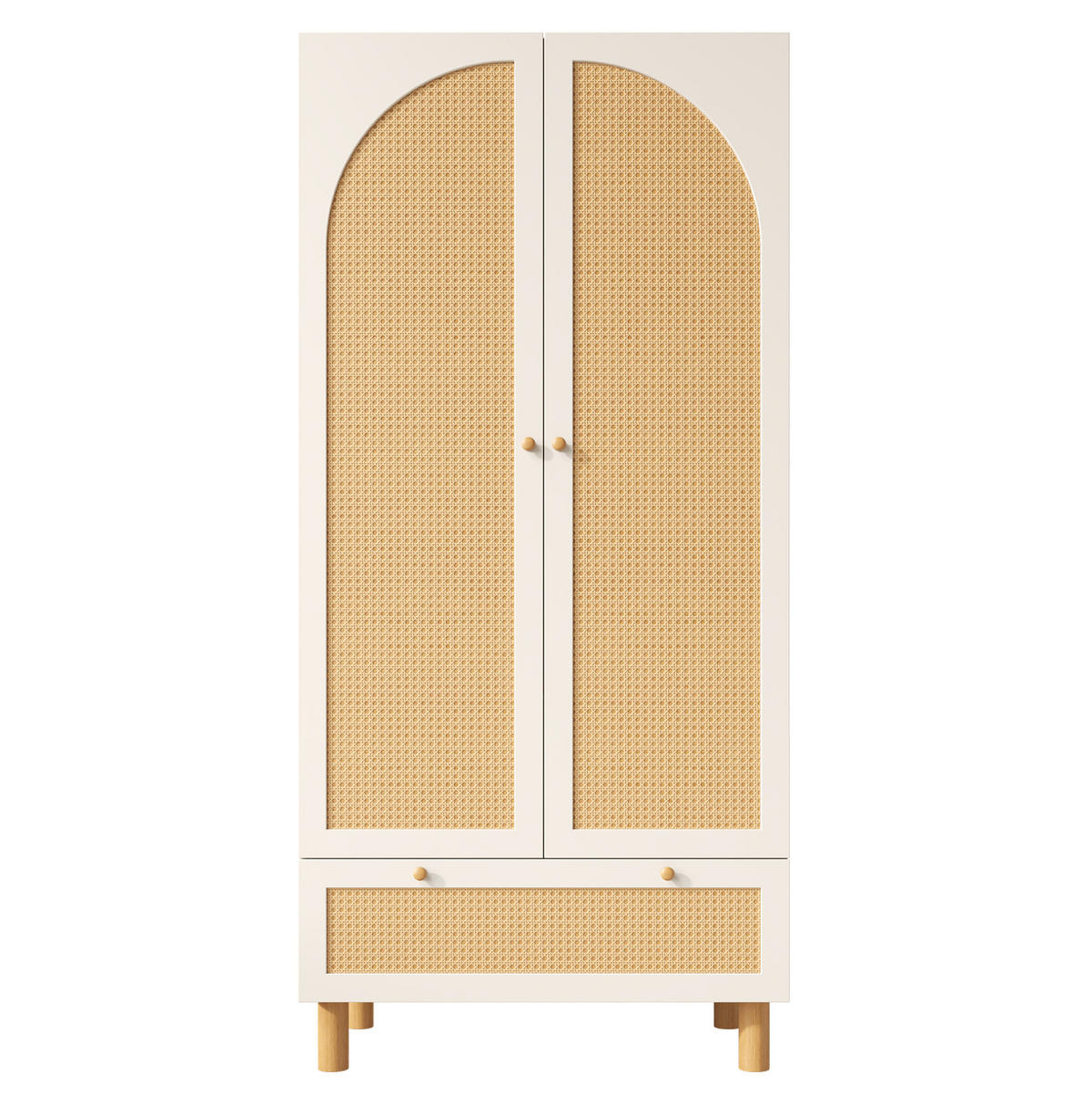 KLEIDERSCHRANK aus Holz 52x85,5x180,5 cm Weiß mit Rattan, Kleiderstange, verstellbaren Regalböden und Schublade - Weiß, Holzwerkstoff (85.5/180.5/52cm) - Modfu