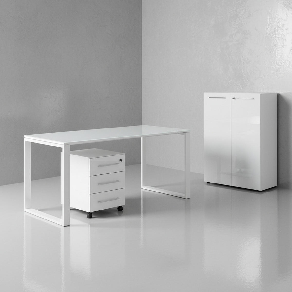 BÜRO-SET MUENCHEN 3-tlg Weiß | Schreibtisch, Schrank, Container | Glasfront - Weiß, Holzwerkstoff/Metall (255/120/80cm) - KADIMA DESIGN