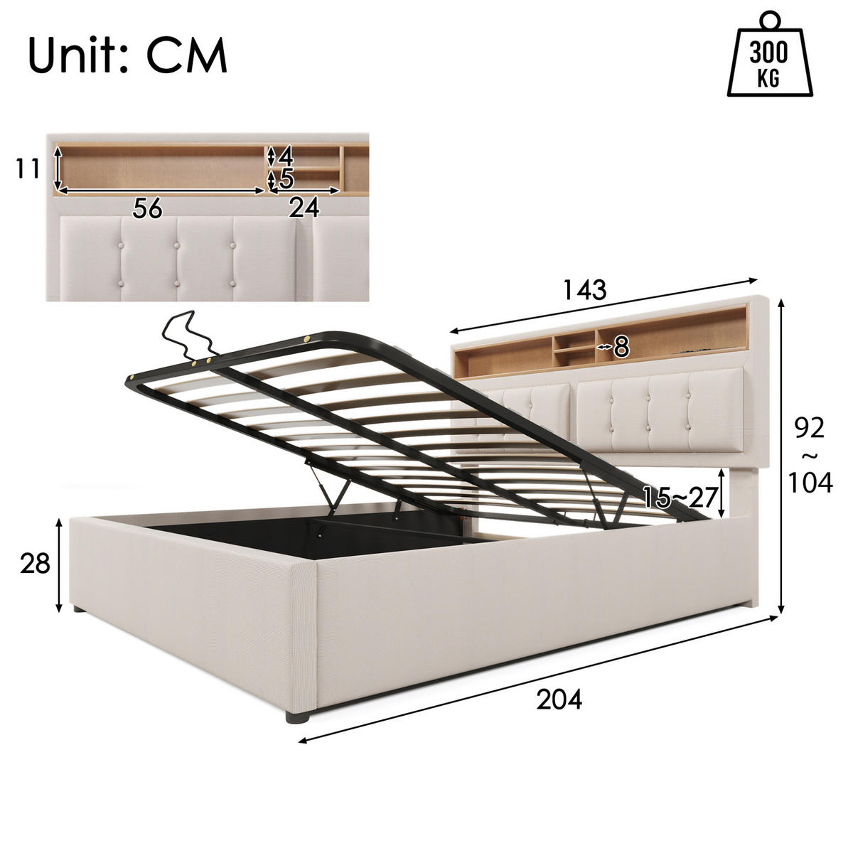 POLSTERBETT 140/200 cm mit Bettkasten, USB-C und verstellbarem Kopfteil - Beige, Textil (140/200cm) - BEAOK