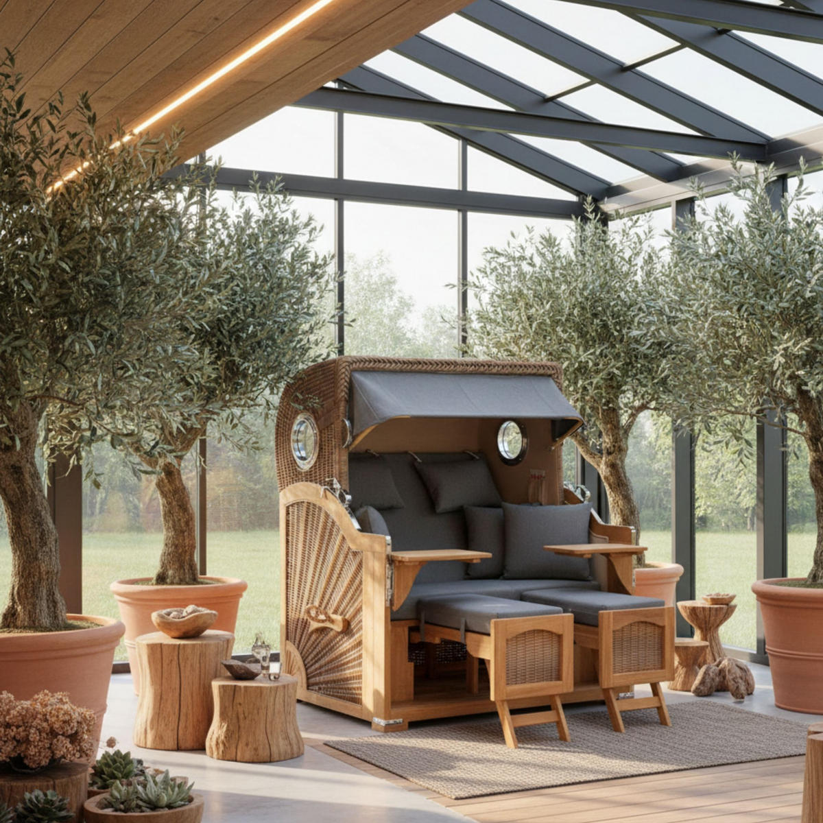 STRANDKORB XXL Düne Grande Teak Banana - Braun/Grau, Metall (142/170/95cm) - Mr. Deko