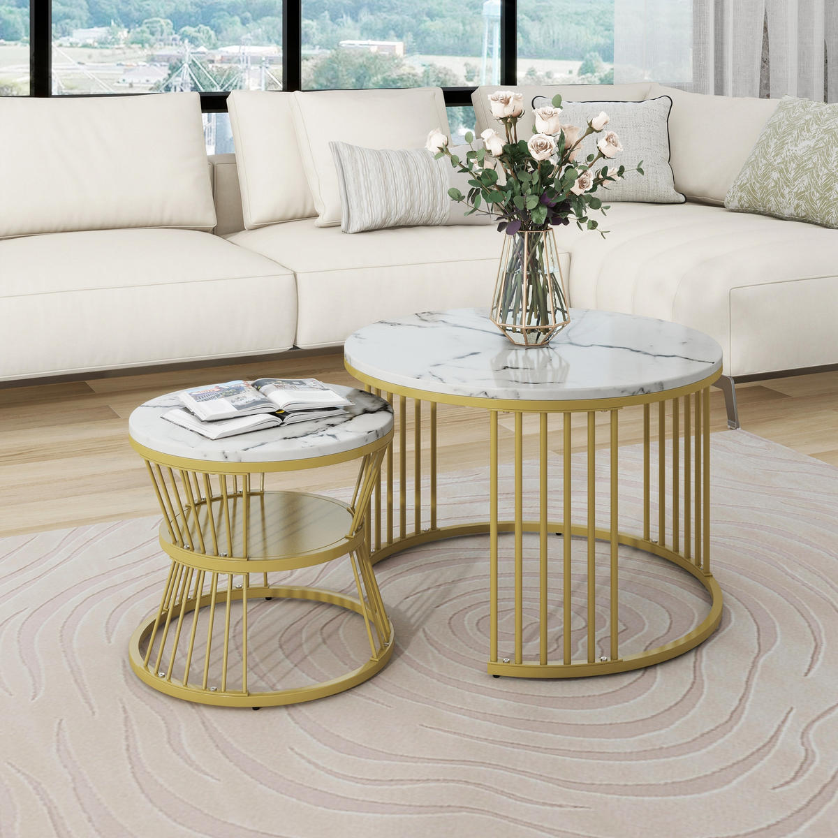 COUCHTISCH 2-teiliges Set 70/70/47 cm und 45/45/40 cm Weiß Stapelbar mit Stahlrahmen - Weiß, Holzwerkstoff (70/70/47cm) - OKWISH