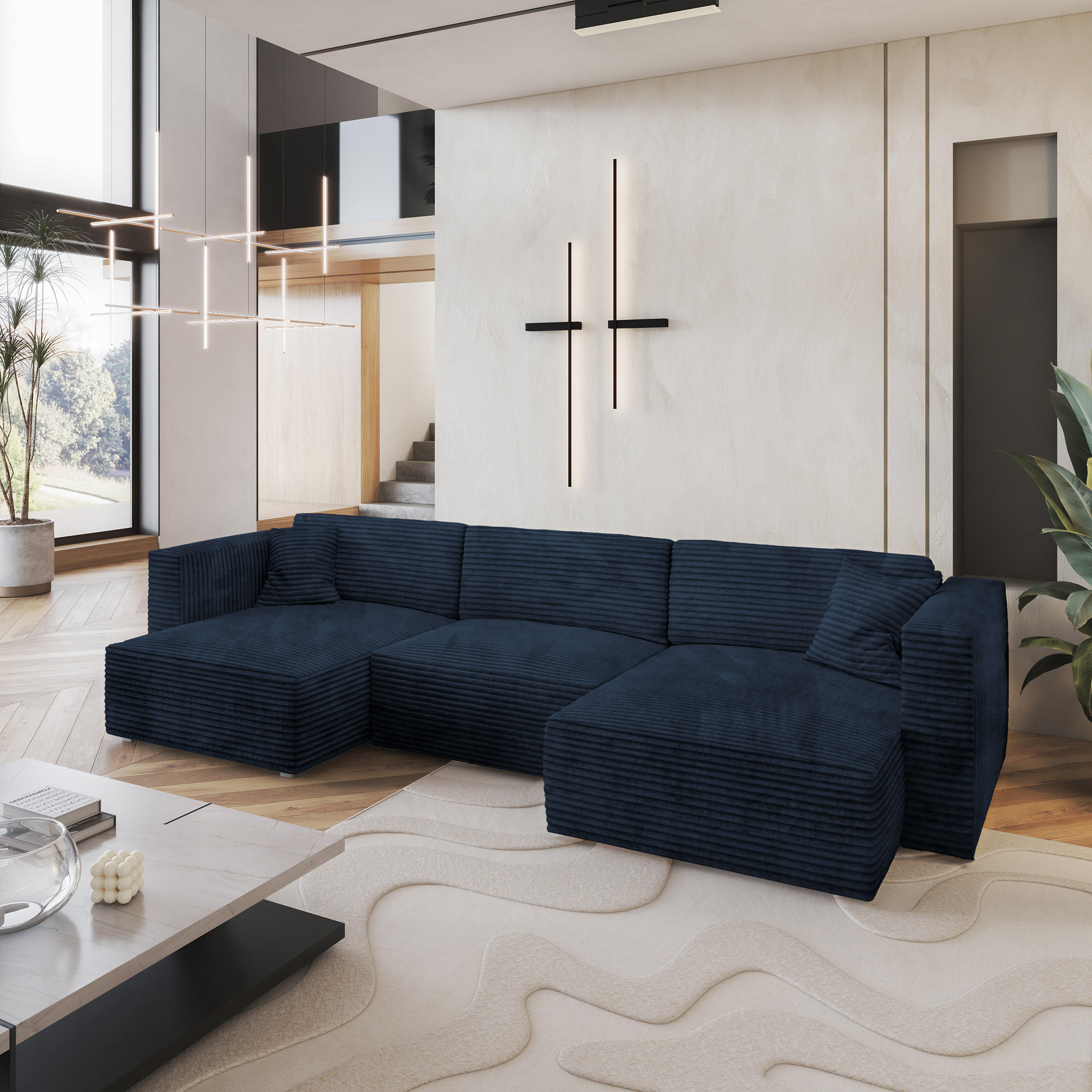 WOHNLANDSCHAFT SARMO Blau Kordstoff mit Schlaffunktion - Blau, Holz (347/90/148cm) - MASSENO