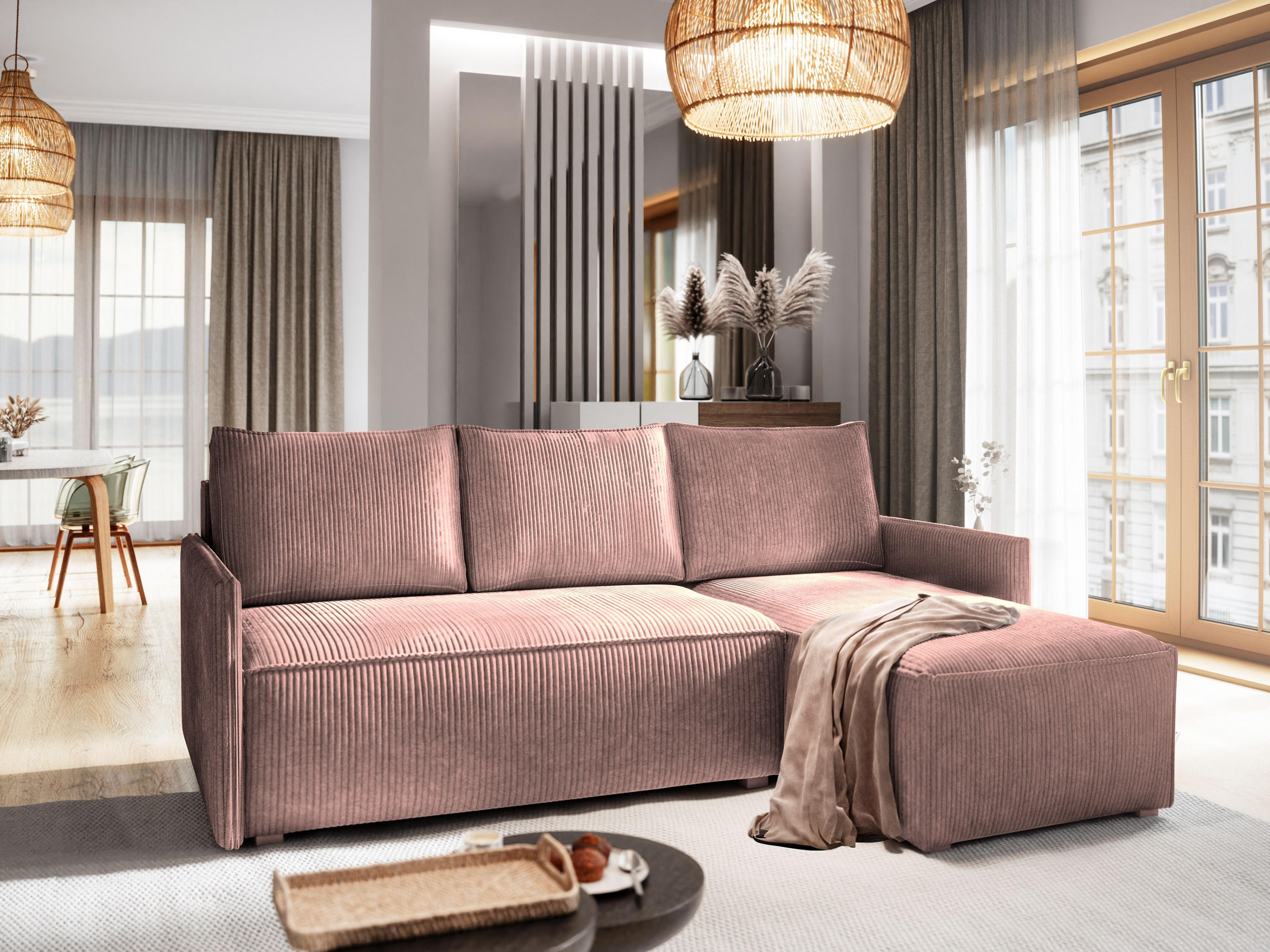 ECKSOFA PERUSI Lila Kordstoff mit Schlaffunktion - Lila, Holz (206/143cm) - MASSENO