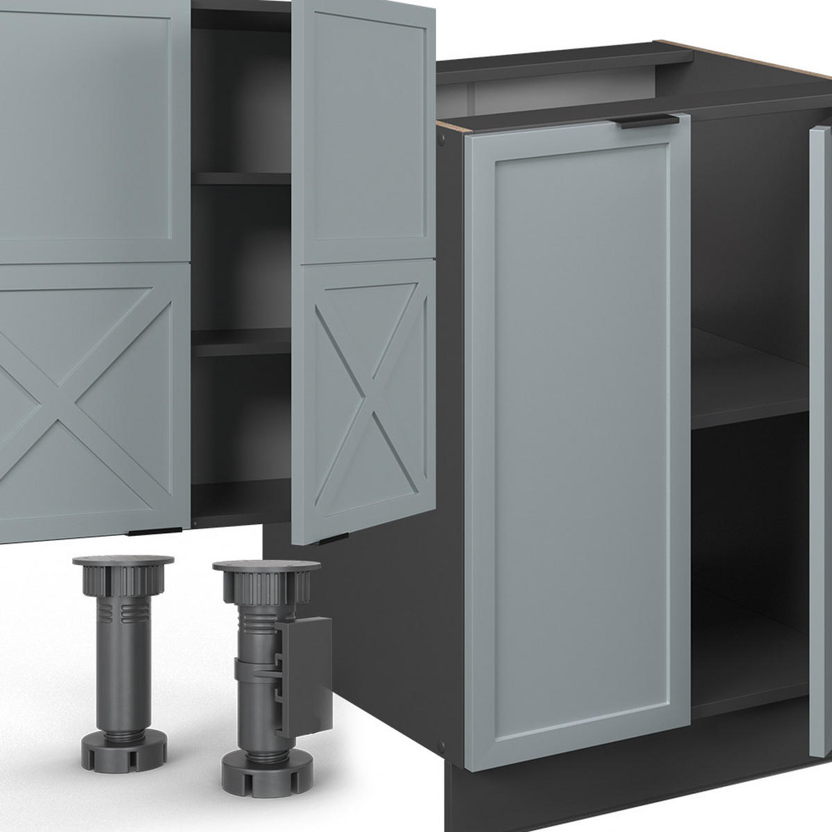 KÜCHENZEILE Fame-Line Hellblau-grau/Anthrazit 300 cm mit Hochschrank AP Eiche - Anthrazit/Blaugrau, Holzwerkstoff (300/81.6/60cm) - Vicco